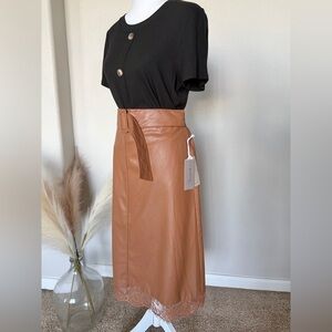 Faux Leather Elegant Brown Lace Skirt Skirt with Belt